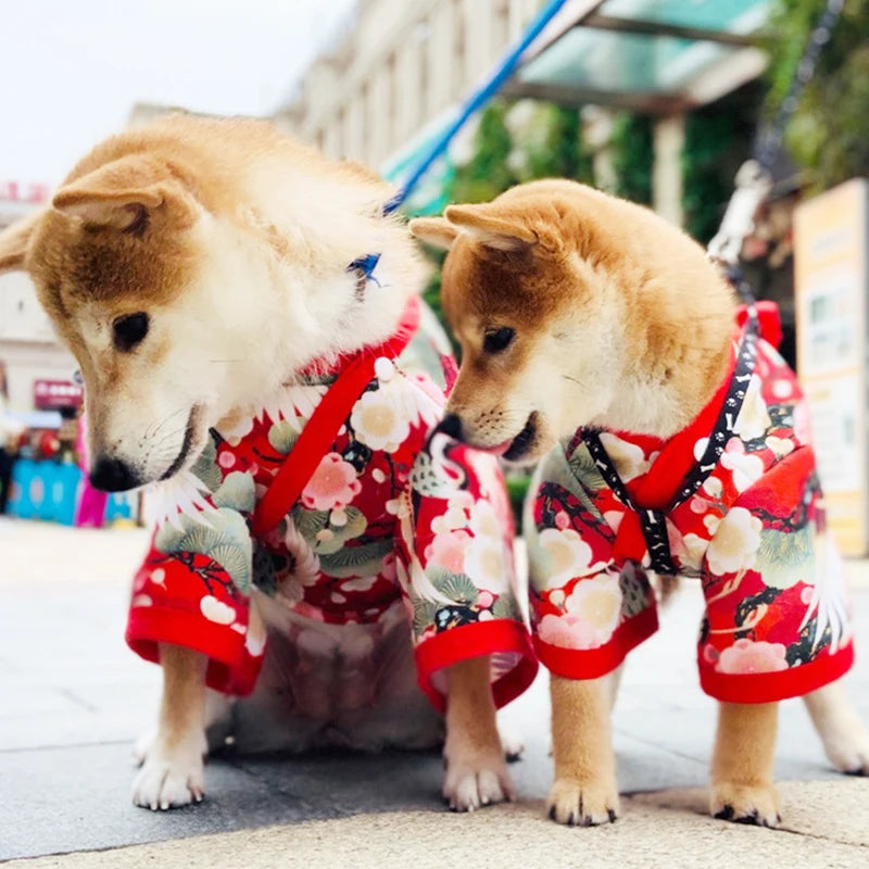 Stylish Pet Japanese Kimono Cosplay Coat - Crane and Cherry Blossom Pattern - Happy Tail Center