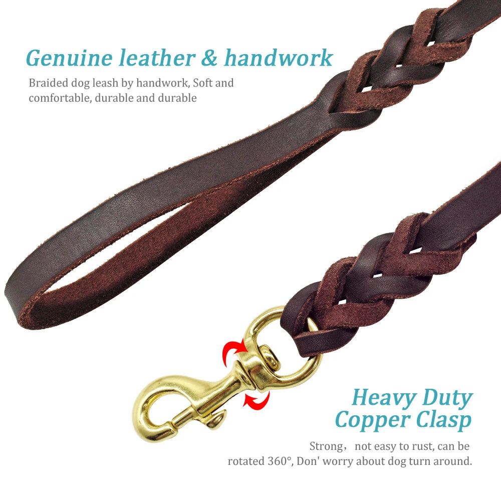 Genuine Leather Braided Dog Leash - Brown & Black for Medium Large Dogs