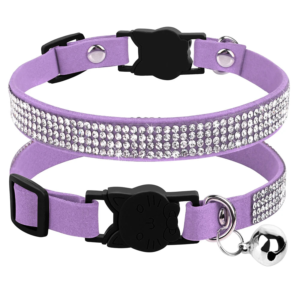 Soft Suede Leather Cat Collar - Bling Rhinestone with Bell, Breakaway