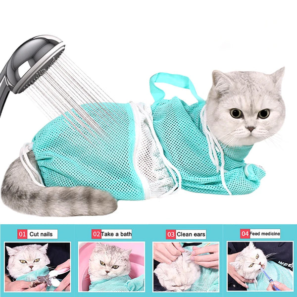 Adjustable Mesh Cat Grooming Shower Bag - Polyester Wash Bag for Bathing and Nail Trimming