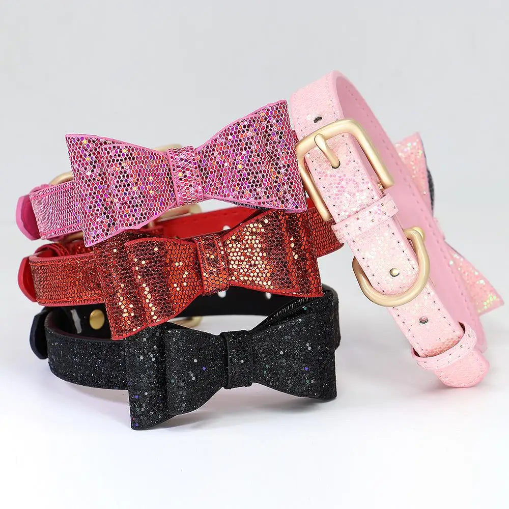 Adjustable Leather Bow Knot Dog Collar - Stylish Necklace for Small Dogs and Cats