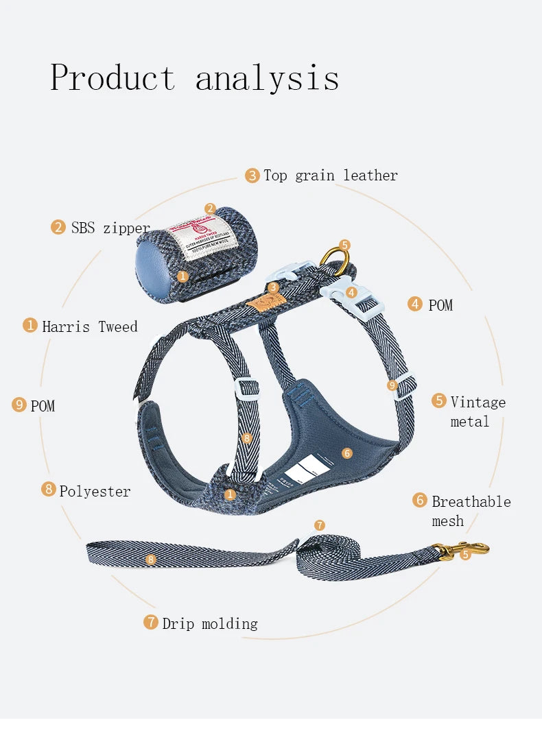 Adjustable No-Pull Pet Harness and Leash Set | Harris Tweed Fabric Dog Vest for Easy Control - Happy Tail Center