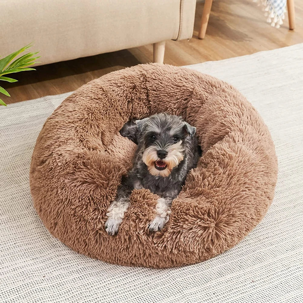 Super Soft Long Plush Round Pet Bed for Large Dogs - Cozy Cat Bed & Medium Dog House - Happy Tail Center