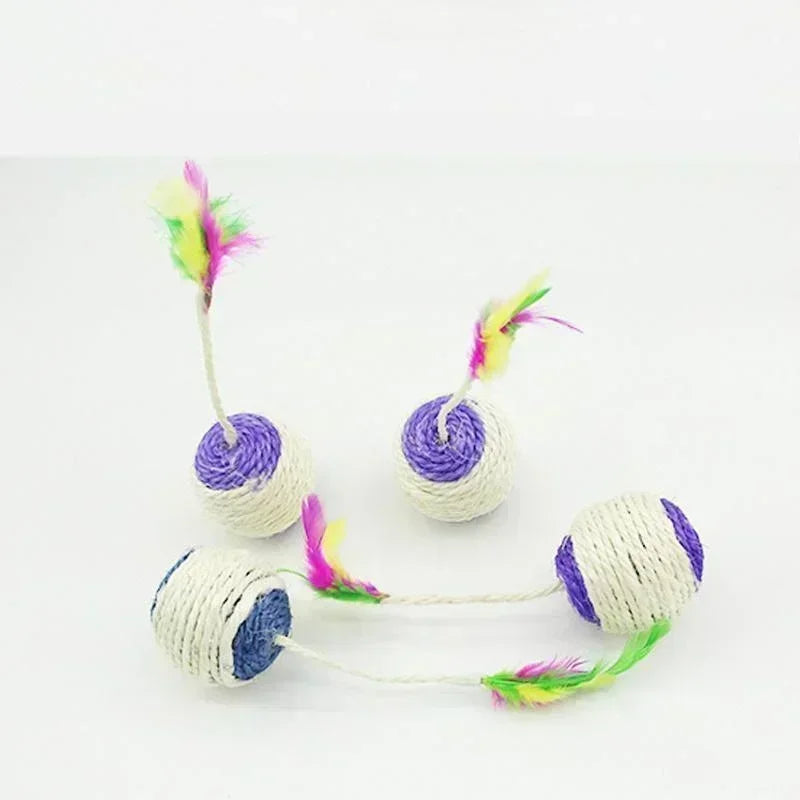 Interactive Sisal Scratching Ball Cat Toy with Feathers