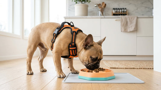 French Bulldog eating calmly from a shallow slow-feeder plate and wearing an ergonomic Y-chest harness
