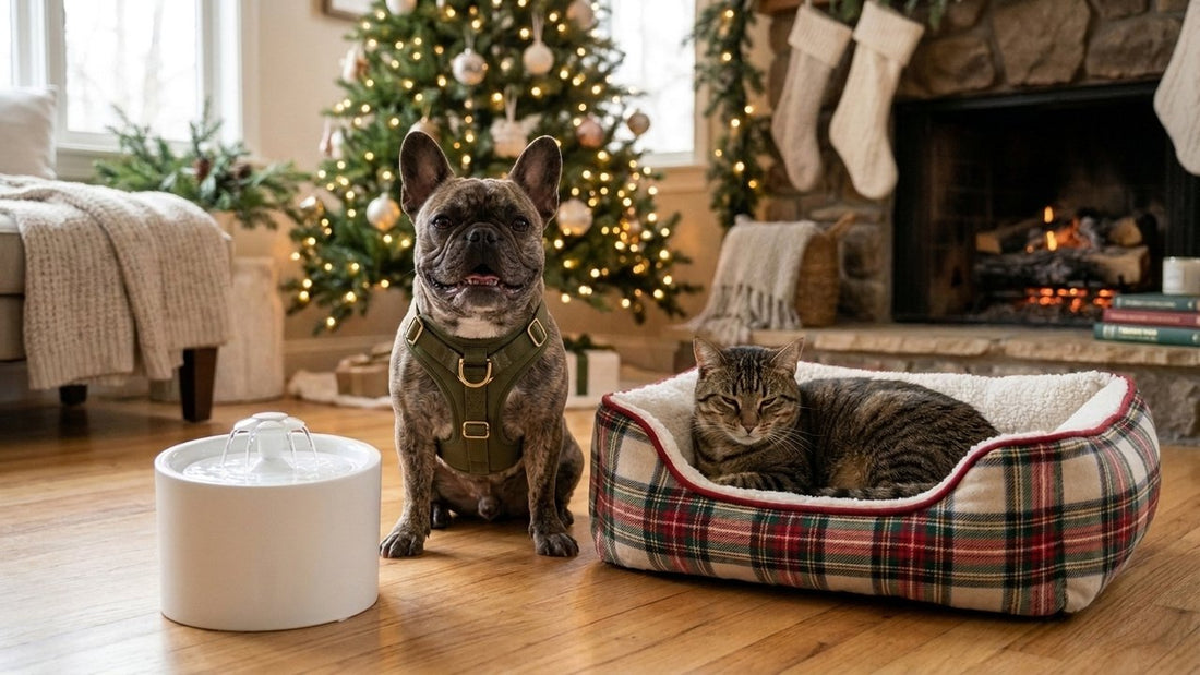 Curated holiday pet gifts collection with personalized harness and winter pet bed