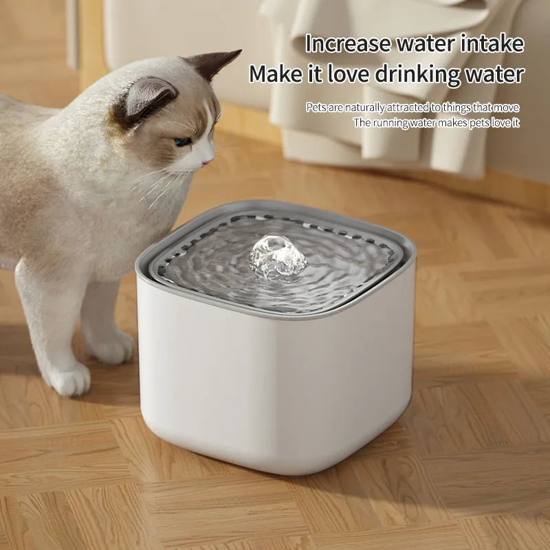 L Automatic Cat Water Fountain on countertop next to a cat