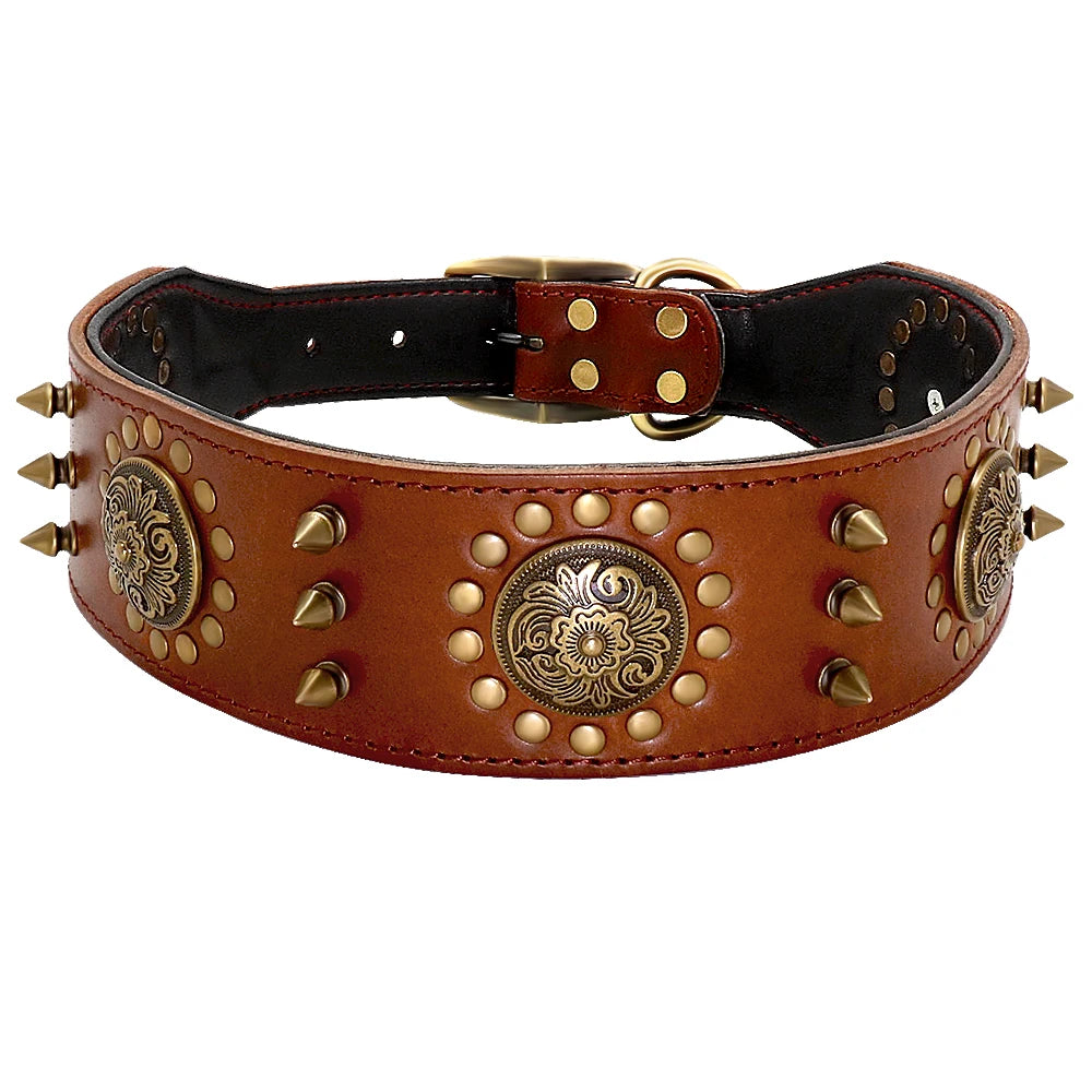 Durable Leather Dog Collar | Spiked & Studded Adjustable Collar for Medium to Large Dogs - Happy Tail Center