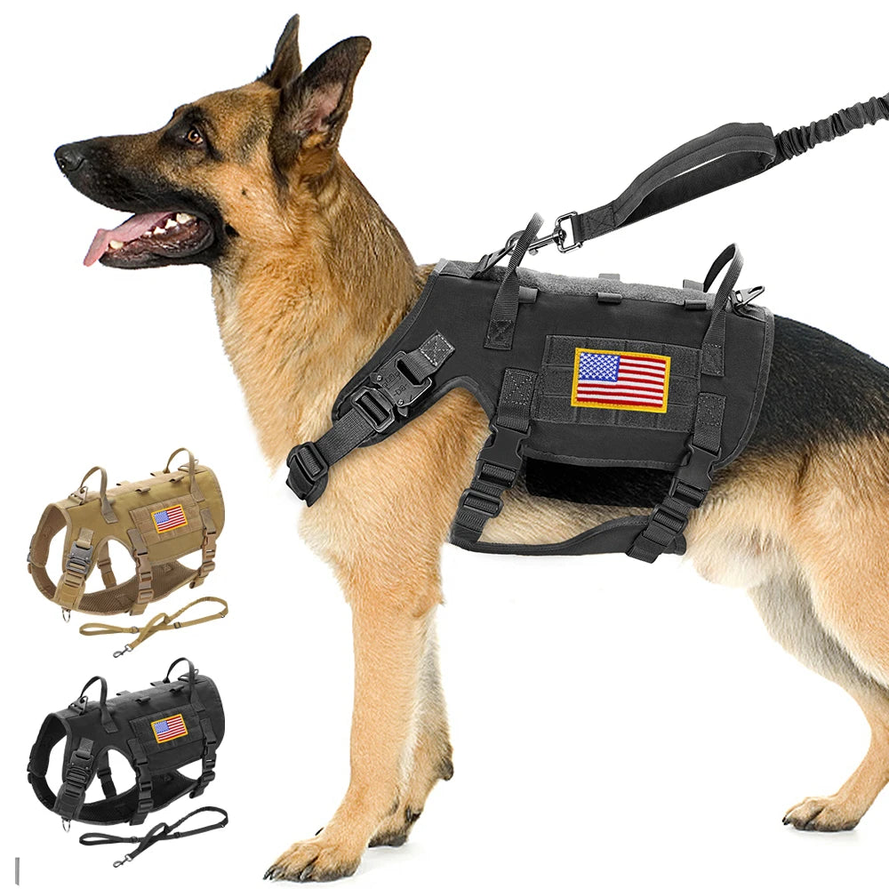 Military Tactical Dog Harness and Leash Set - Large Dogs Training Vest with Pouch - Pet Bungee Leash with 2 Handles - Happy Tail Center