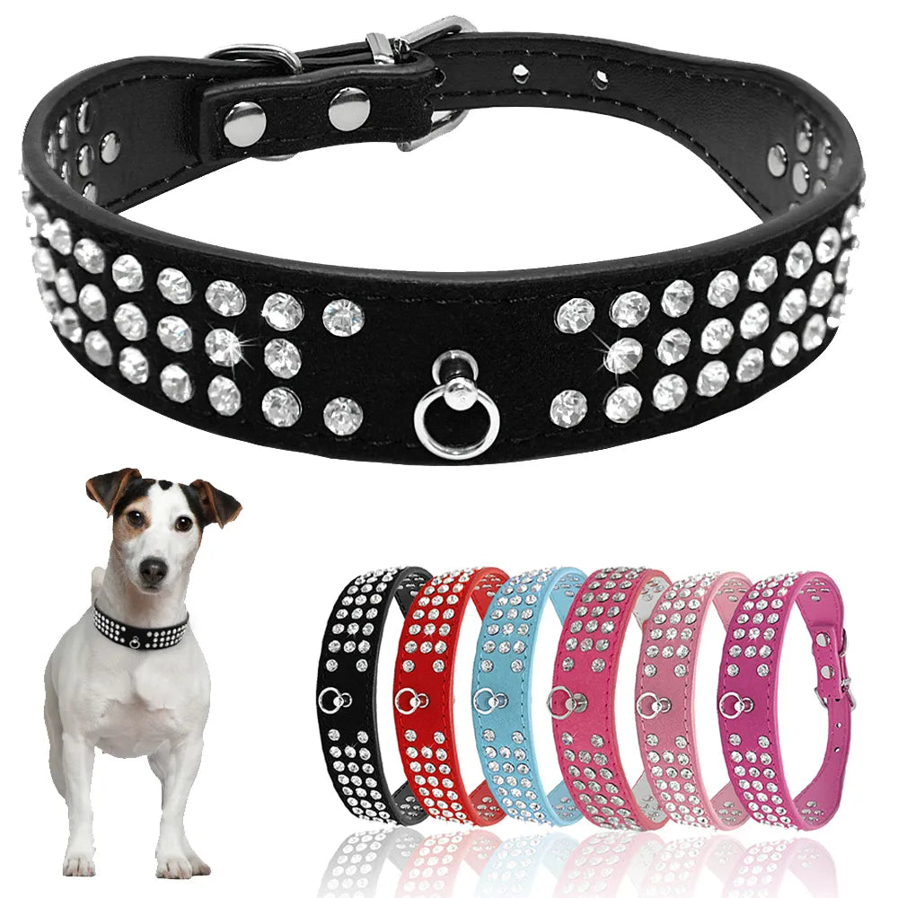 3-Row Rhinestone Dog Collar - Suede Leather for Small & Medium Dogs, Chihuahua, Yorkshire