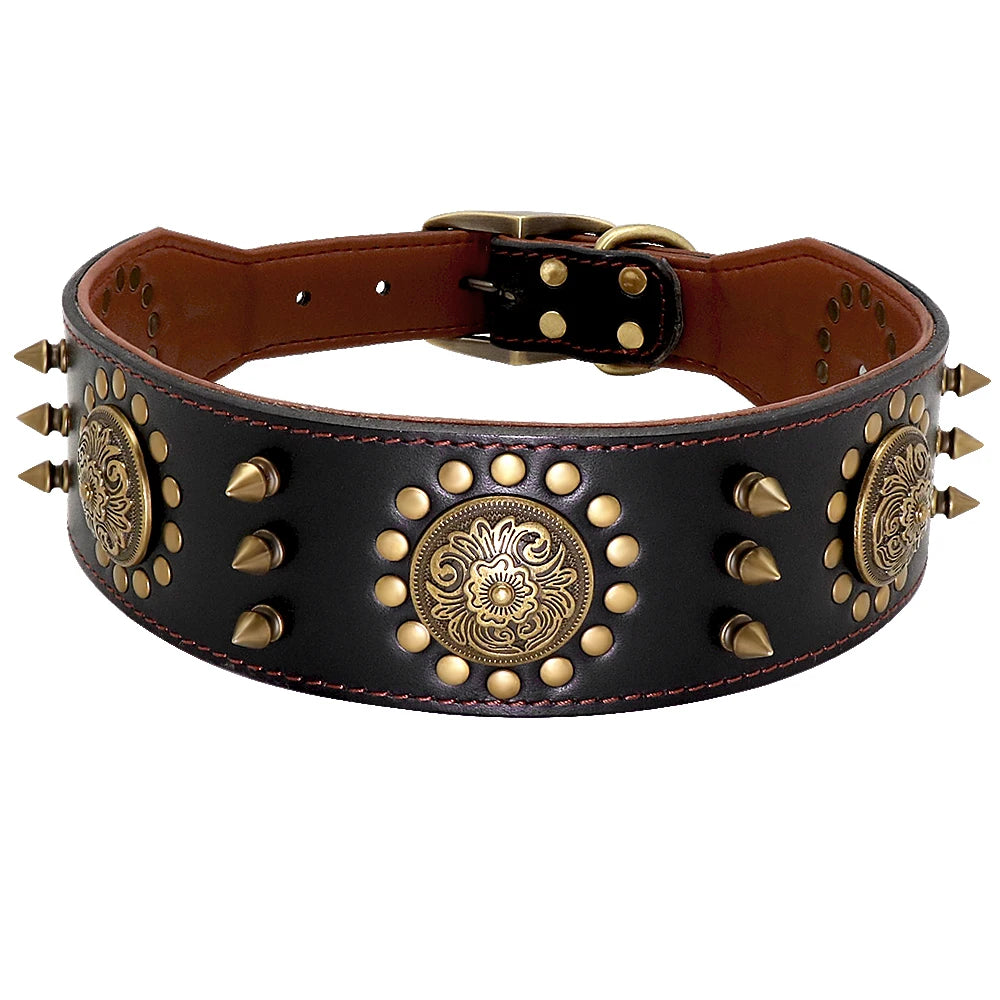 Durable Leather Dog Collar | Spiked & Studded Adjustable Collar for Medium to Large Dogs - Happy Tail Center