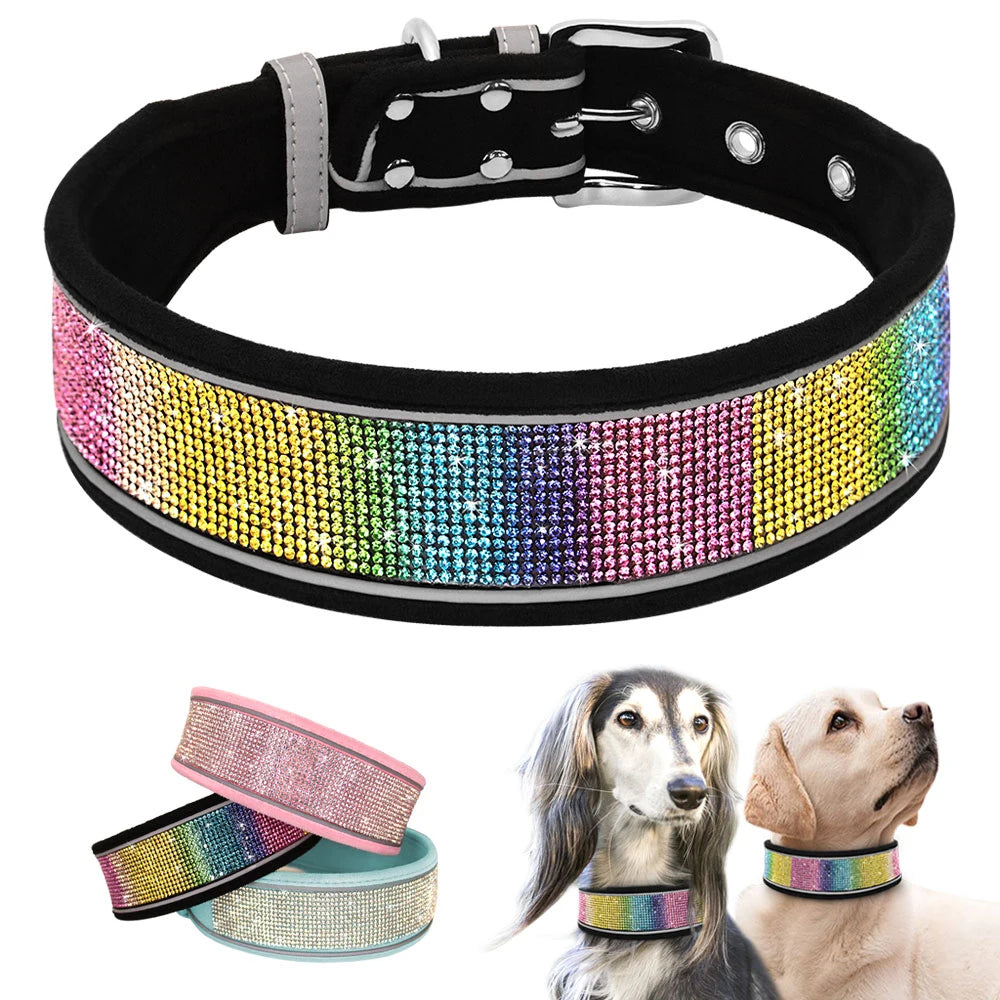 Bling Rhinestone Dog Collar - Wide Reflective Crystal Necklace for Small & Large Dogs, Pitbull