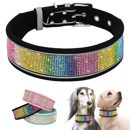 Bling Rhinestone Dog Collar - Wide Reflective Crystal Necklace for Small & Large Dogs - Happy Tail Center