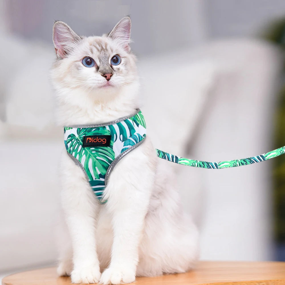 Reflective Cat Harness Leash Set - Mesh Nylon Vest Harness for Small Pets - Includes Printed Pet Lead Rope - Happy Tail Center