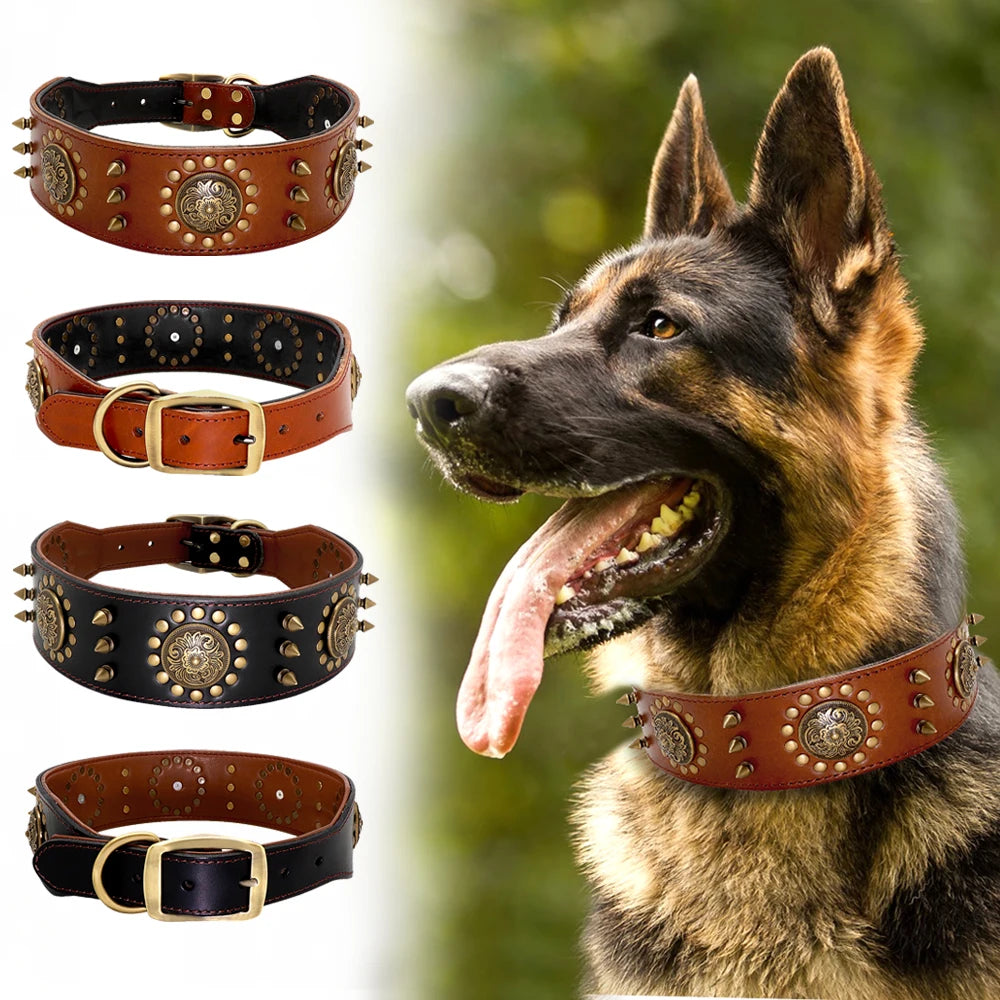 Durable Leather Dog Collar | Spiked & Studded Adjustable Collar for Medium to Large Dogs - Happy Tail Center