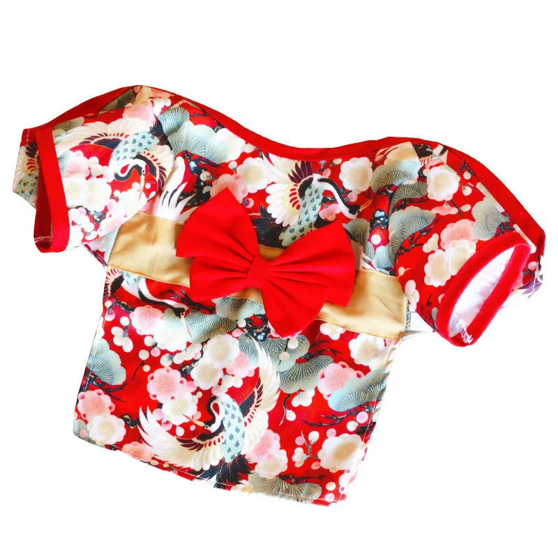 Stylish Pet Japanese Kimono Cosplay Coat - Crane and Cherry Blossom Pattern - Happy Tail Center