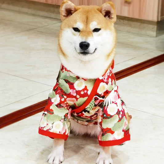 Stylish Pet Japanese Kimono Cosplay Coat - Crane and Cherry Blossom Pattern - Happy Tail Center