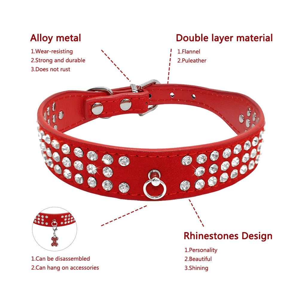 3-Row Rhinestone Dog Collar - Suede Leather for Small & Medium Dogs, Chihuahua, Yorkshire