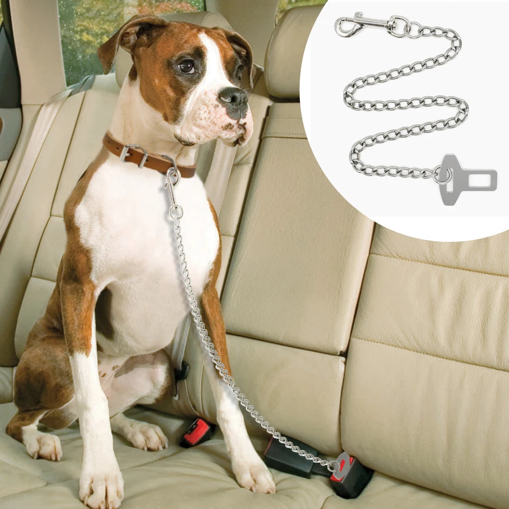 Metal Pet Car Safety Seat Belt - Durable Stainless Steel Dog Chain Leash Silver Vehicle Seat Belt for Dogs Cats - Happy Tail Center