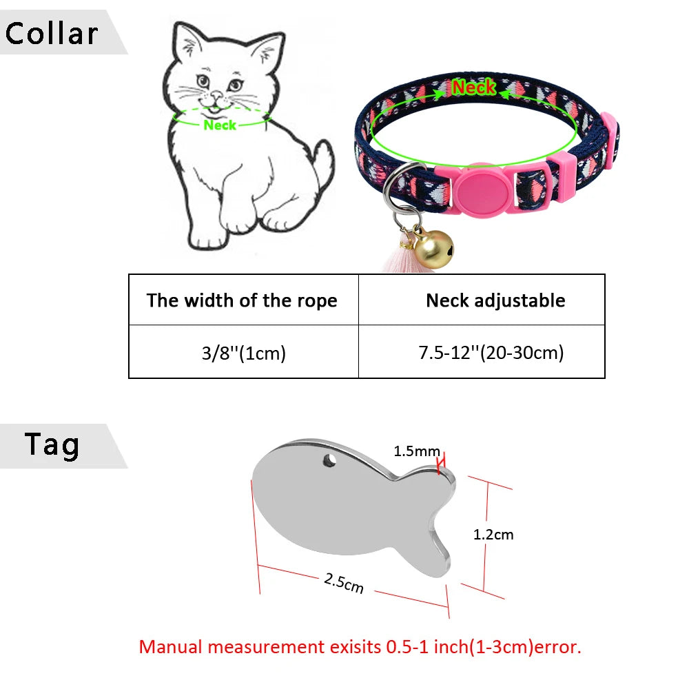 Personalized Cat Collar with Bell - Bohemian Style Customized Kitten Necklace with Free Engraving Fish ID Tag Nameplate - Happy Tail Center