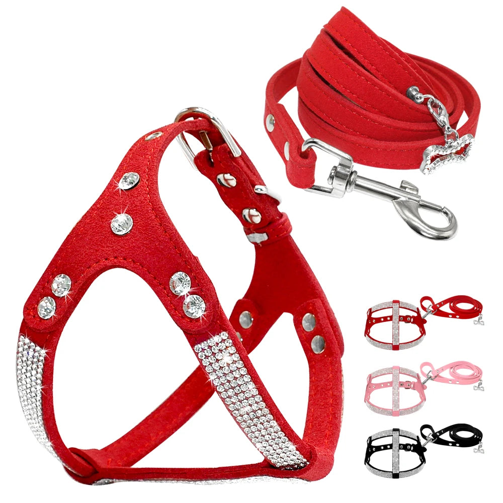 Small Dog Harness and Leash Set | Luxurious Suede Leather with Sparkling Rhinestones - Happy Tail Center