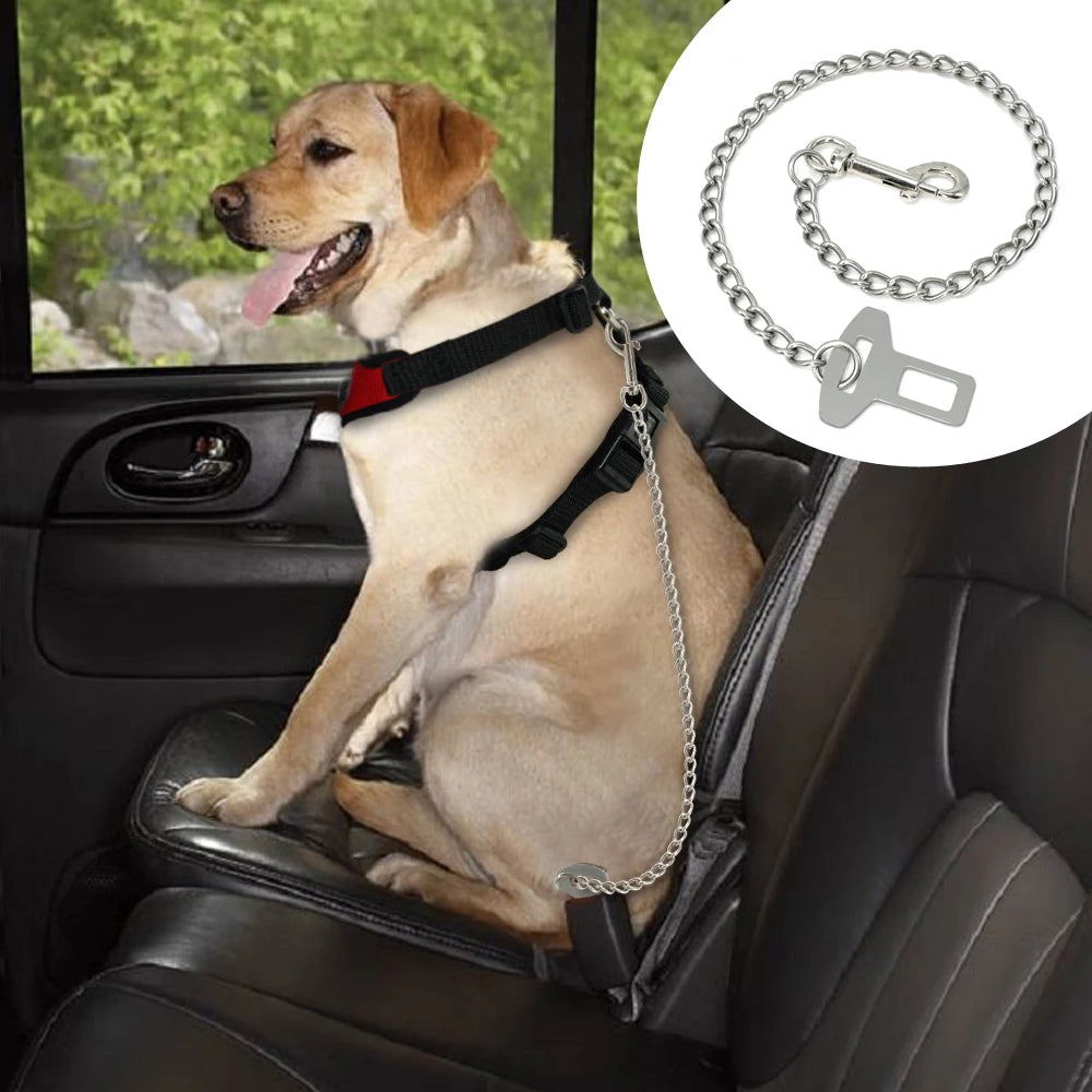 Metal Pet Car Safety Seat Belt - Durable Stainless Steel Dog Chain Leash Silver Vehicle Seat Belt for Dogs Cats - Happy Tail Center