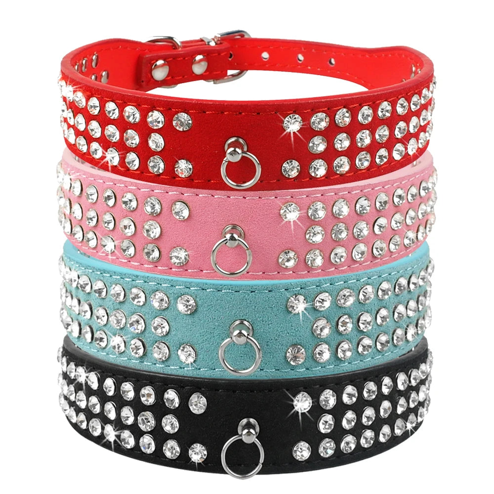 3-Row Rhinestone Dog Collar - Suede Leather for Small & Medium Dogs, Chihuahua, Yorkshire