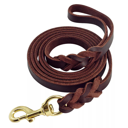 Genuine Leather Braided Dog Leash - Brown & Black for Medium Large Dogs