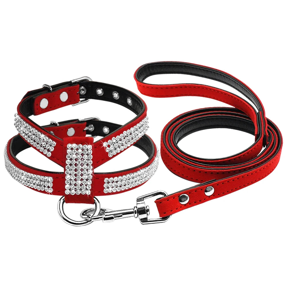 Small Dog Harness and Leash Set | Luxurious Suede Leather with Sparkling Rhinestones - Happy Tail Center