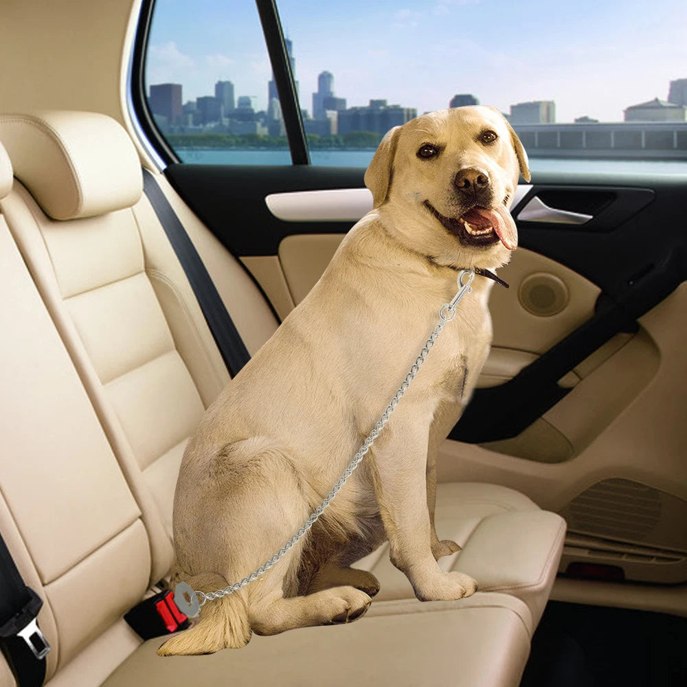 Metal Pet Car Safety Seat Belt - Durable Stainless Steel Dog Chain Leash Silver Vehicle Seat Belt for Dogs Cats - Happy Tail Center