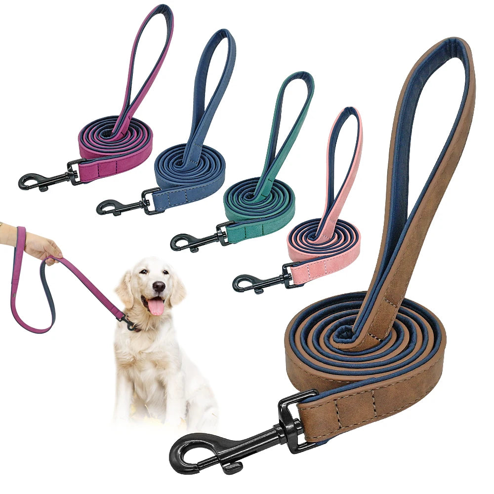 Leather Dog Leash 4 ft - Double Layer Pet Leash with Padded Handle for Medium & Large Dogs