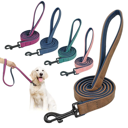 Leather Dog Leash 4 ft - Double Layer Pet Leash with Padded Handle for Medium & Large Dogs