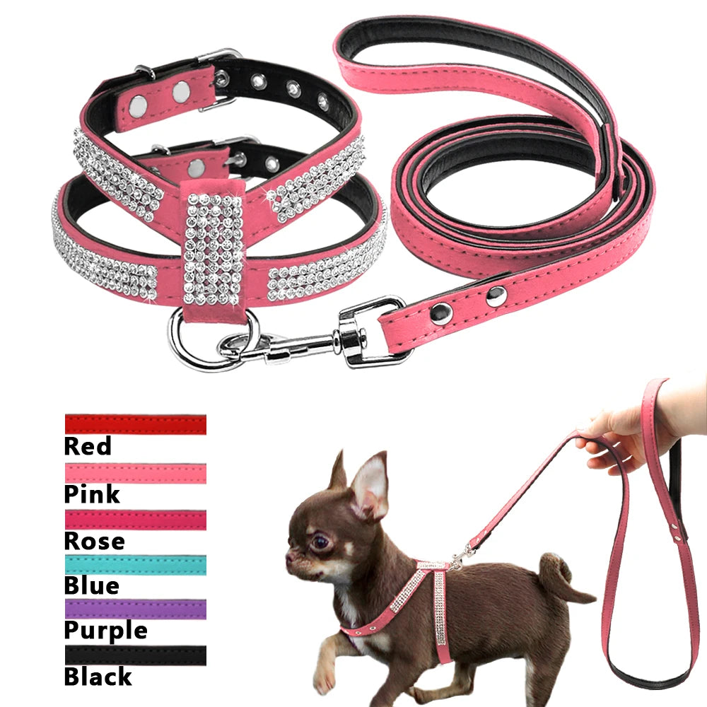 Small Dog Harness and Leash Set | Luxurious Suede Leather with Sparkling Rhinestones - Happy Tail Center