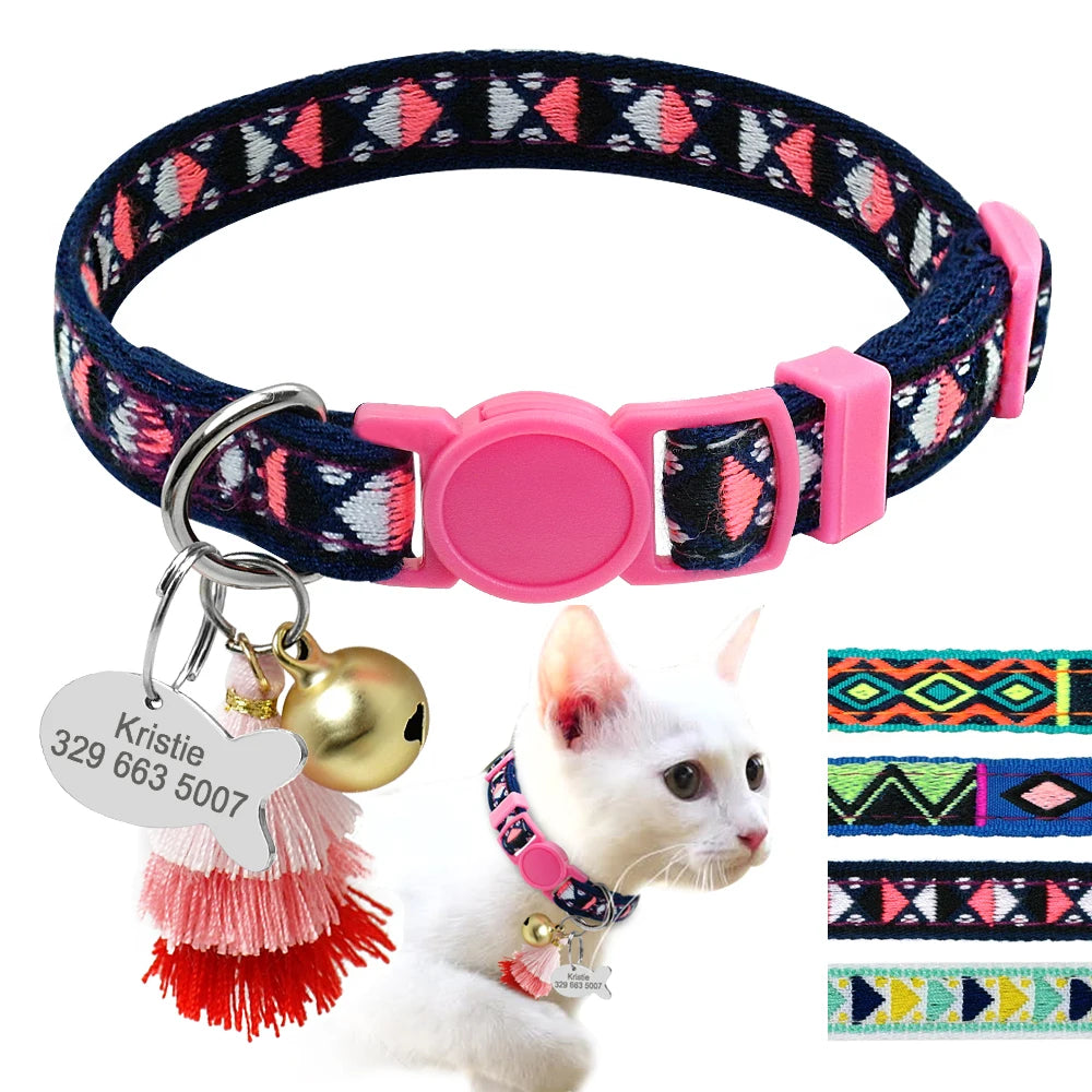 Personalized Cat Collar with Bell - Bohemian Style Customized Kitten Necklace with Free Engraving Fish ID Tag Nameplate - Happy Tail Center