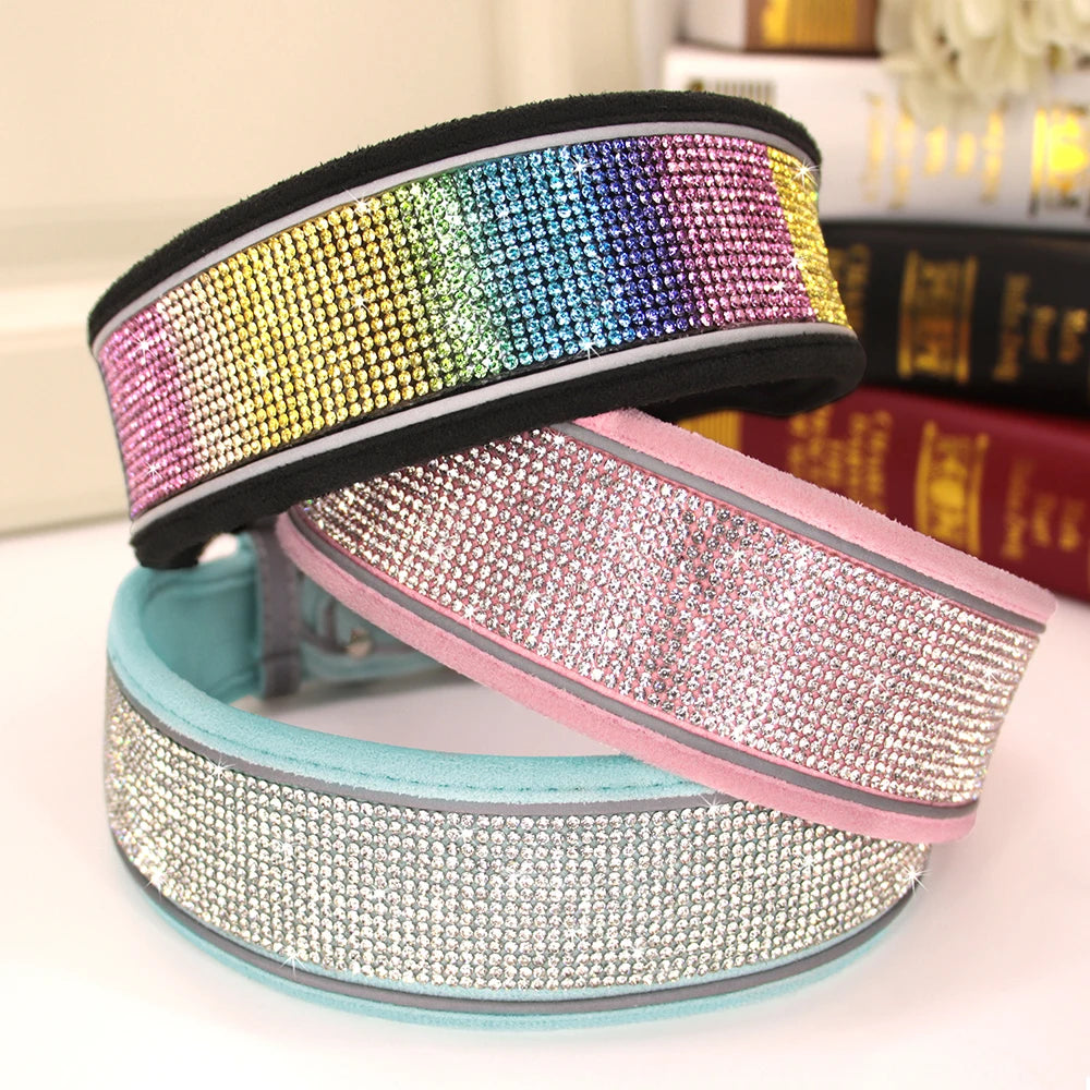 Bling Rhinestone Dog Collar - Wide Reflective Crystal Necklace for Small & Large Dogs, Pitbull