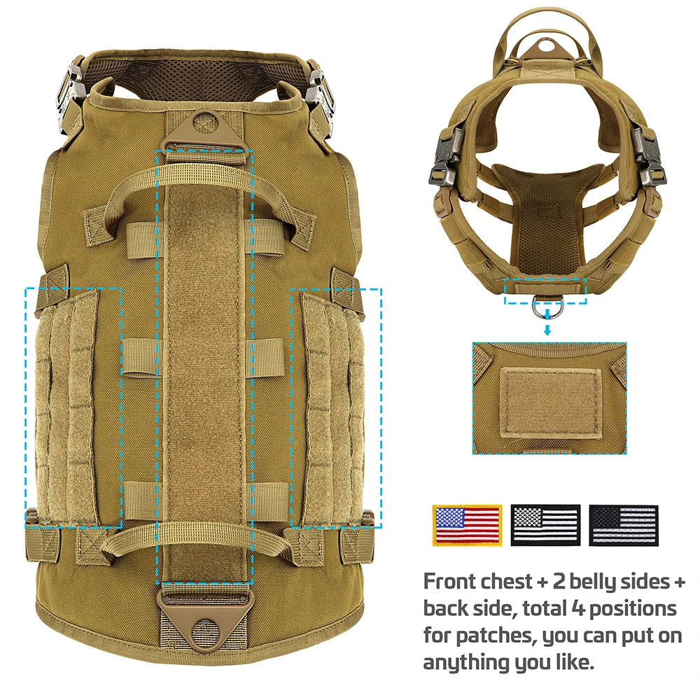 Military Tactical Dog Harness and Leash Set - Large Dogs Training Vest with Pouch - Pet Bungee Leash with 2 Handles - Happy Tail Center