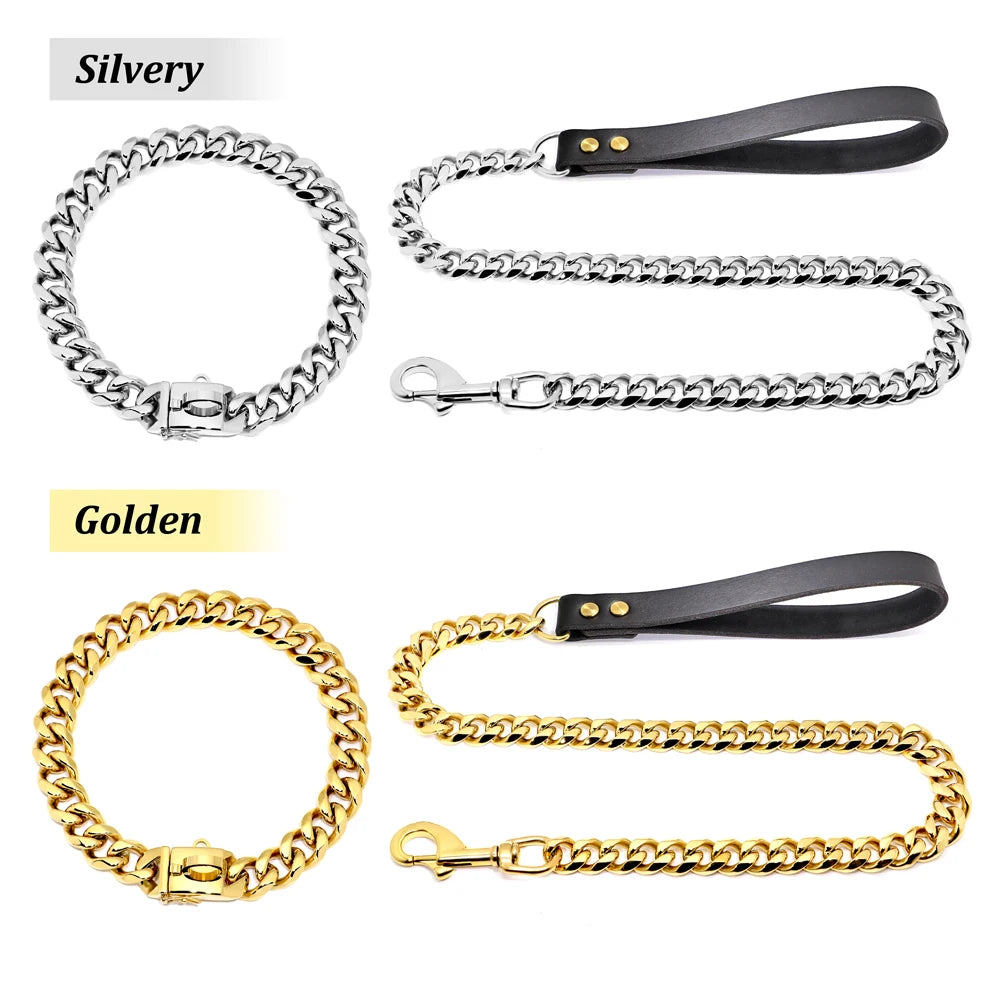 304 Stainless Steel Dog Chain Collar and Leash Set - Super Strong Metal Collar in Silver and Gold - Ideal for Party Shows - Happy Tail Center