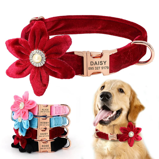 Customized Engraved Dog Collar with Warm Fleece - Personalized ID Buckle, Flower Design for Small to Large Dogs and Cats - Happy Tail Center