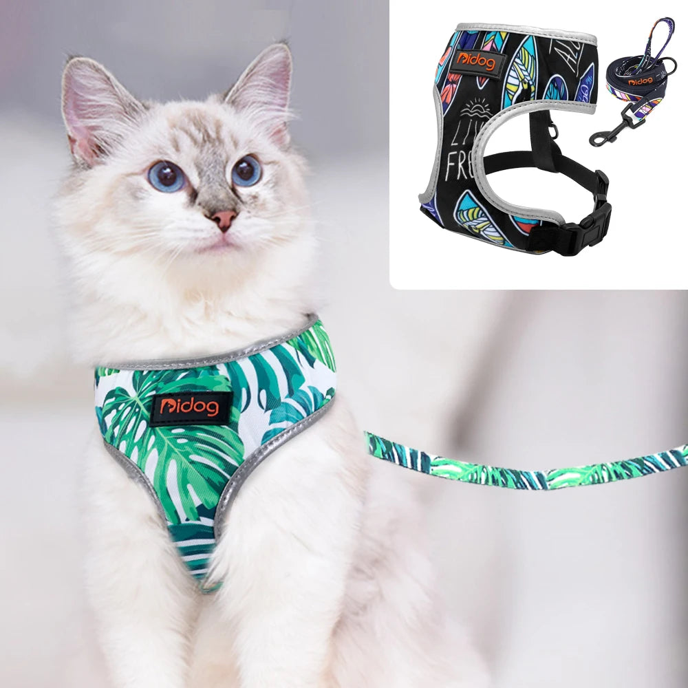 Reflective Cat Harness Leash Set - Mesh Nylon Vest Harness for Small Pets - Includes Printed Pet Lead Rope - Happy Tail Center