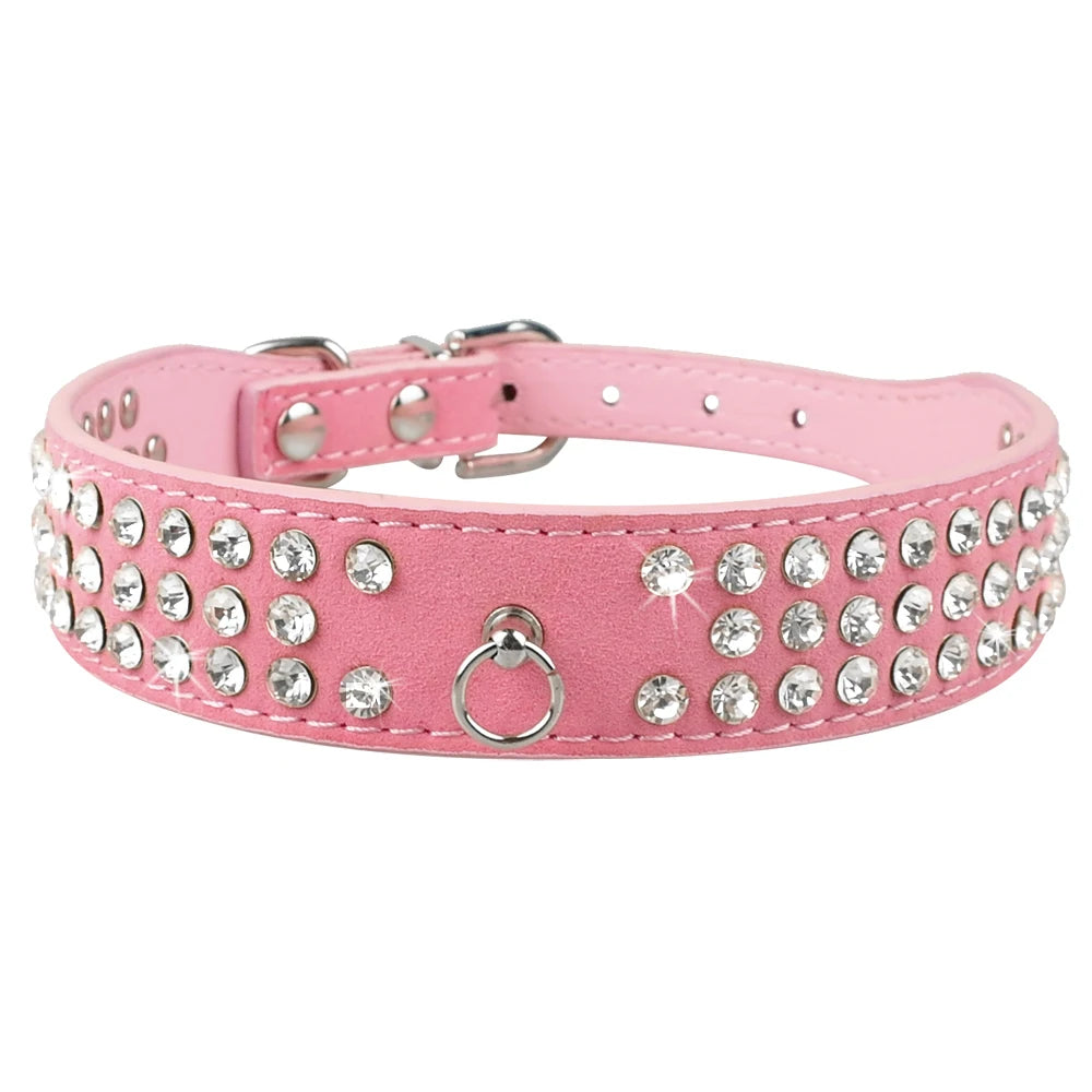 3-Row Rhinestone Dog Collar - Suede Leather for Small & Medium Dogs, Chihuahua, Yorkshire