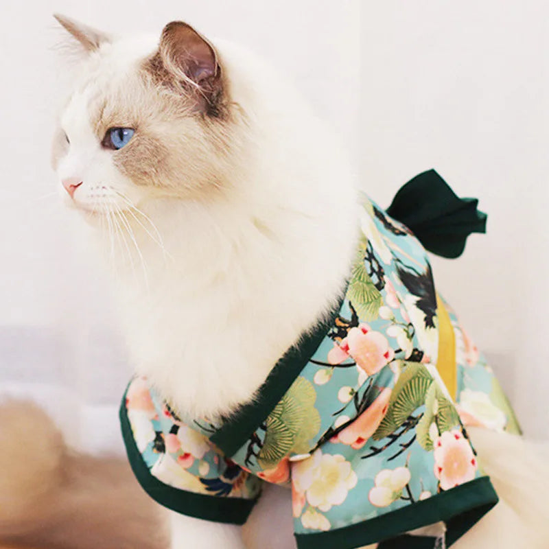 Stylish Pet Japanese Kimono Cosplay Coat - Crane and Cherry Blossom Pattern - Happy Tail Center