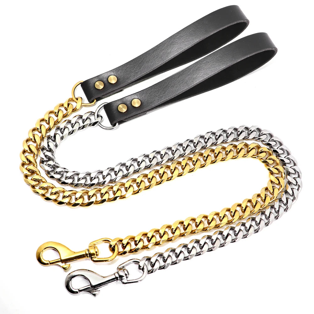 304 Stainless Steel Dog Chain Collar and Leash Set - Super Strong Metal Collar in Silver and Gold - Ideal for Party Shows - Happy Tail Center