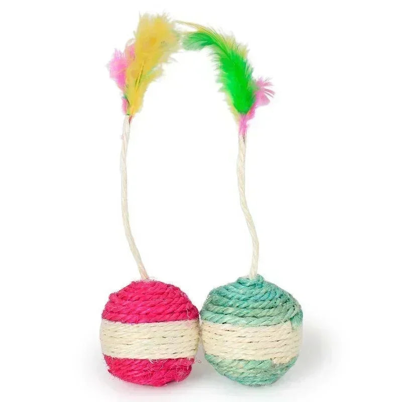 Interactive Sisal Scratching Ball Cat Toy with Feathers