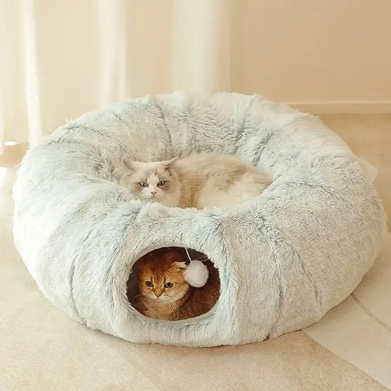 Plush Cat Bed with Tunnel - Multifunctional Cat Tunnel Bed with Peephole, Fluffy Donut Cat Bed - Happy Tail Center