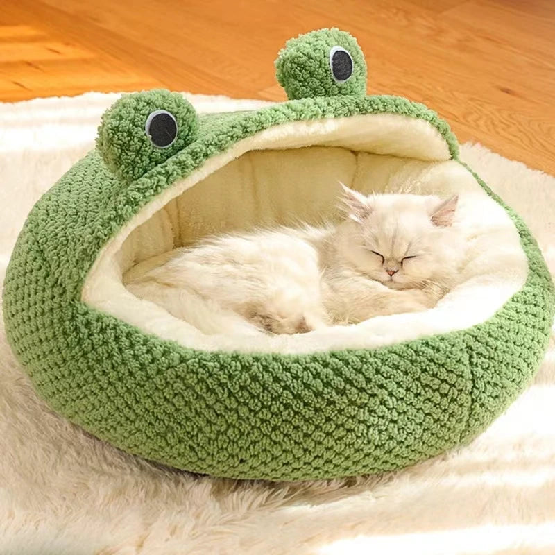 Cartoon Frog Pet Cat Bed | Plush Round Dog Bed for Winter Warmth & Deep Sleep