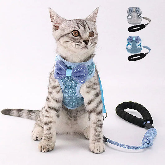 Cute Cat Harness and Leash Set - Nylon Bowknot Kitten Vest with Soft Mesh, Adjustable - Happy Tail Center