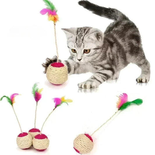 Interactive Sisal Scratching Ball Cat Toy with Feathers