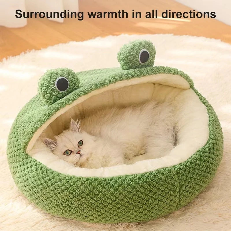 Cartoon Frog Pet Cat Bed | Plush Round Dog Bed for Winter Warmth & Deep Sleep