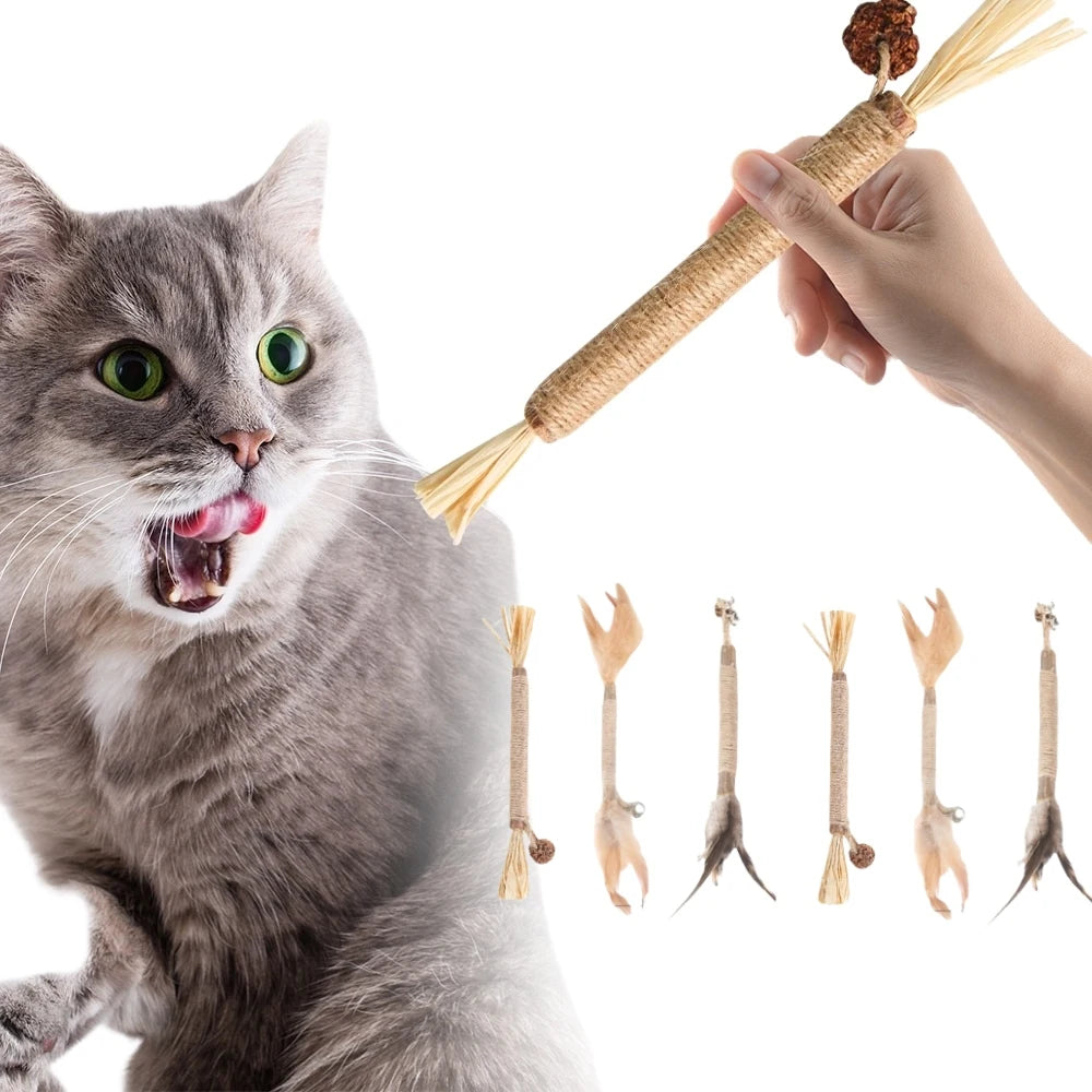 Natural Matatabi Catnip Toys – Silvervine Cleaning Tooth Toy with Feather and Bell for Cats - Happy Tail Center