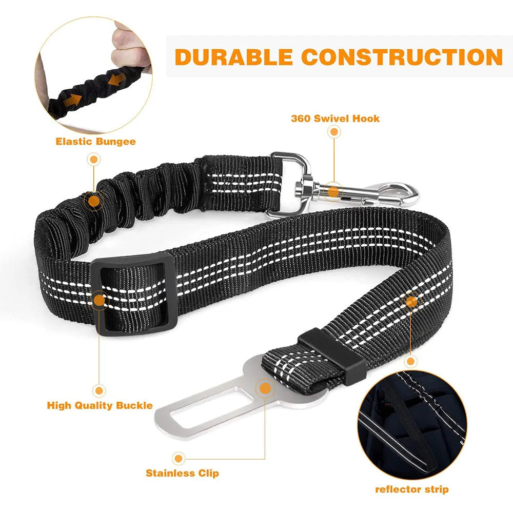 Retractable Pet Dog Car Seat Belt with Elastic Buffer and Reflective Safety Features